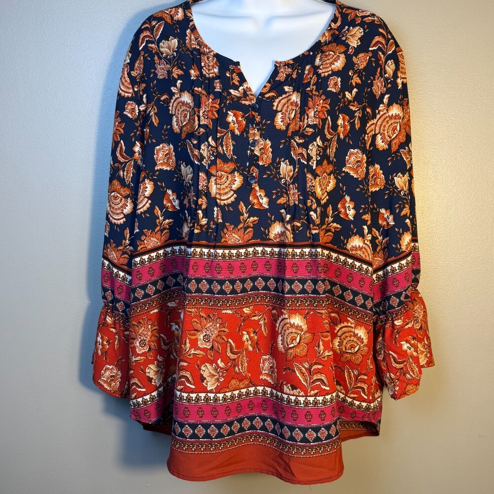 N Touch Boho‎ Floral Border Print Peasant Blouse Size Large